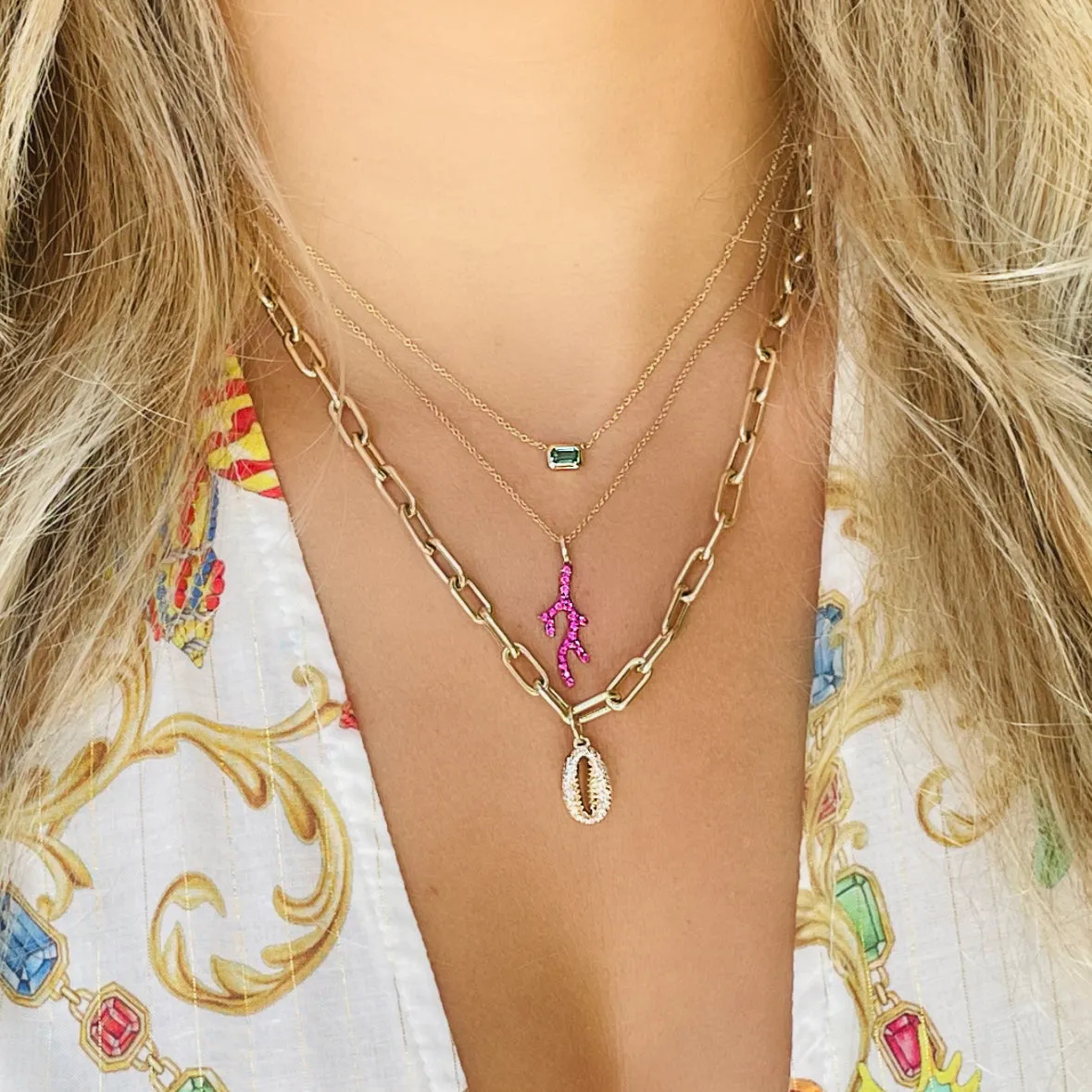 14K Gold Pave Coral Ruby Necklace
