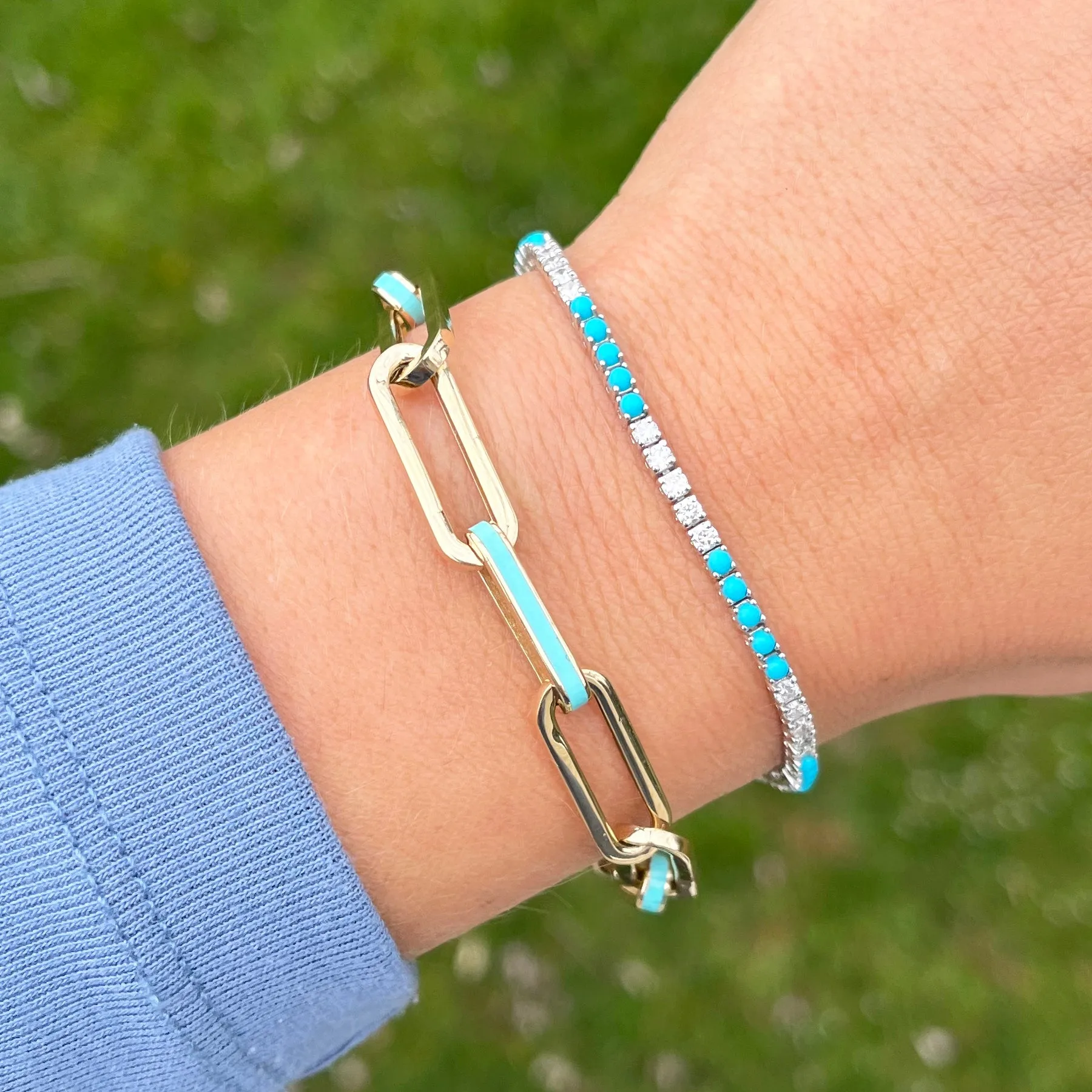14K GOLD TURQUOISE ENAMEL RAVEN LINK BRACELET