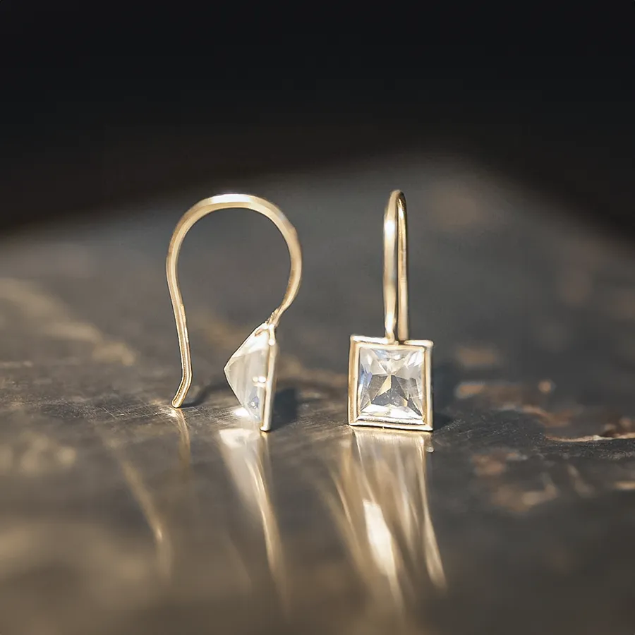 14k Rectangle Moonstone Drop Earrings