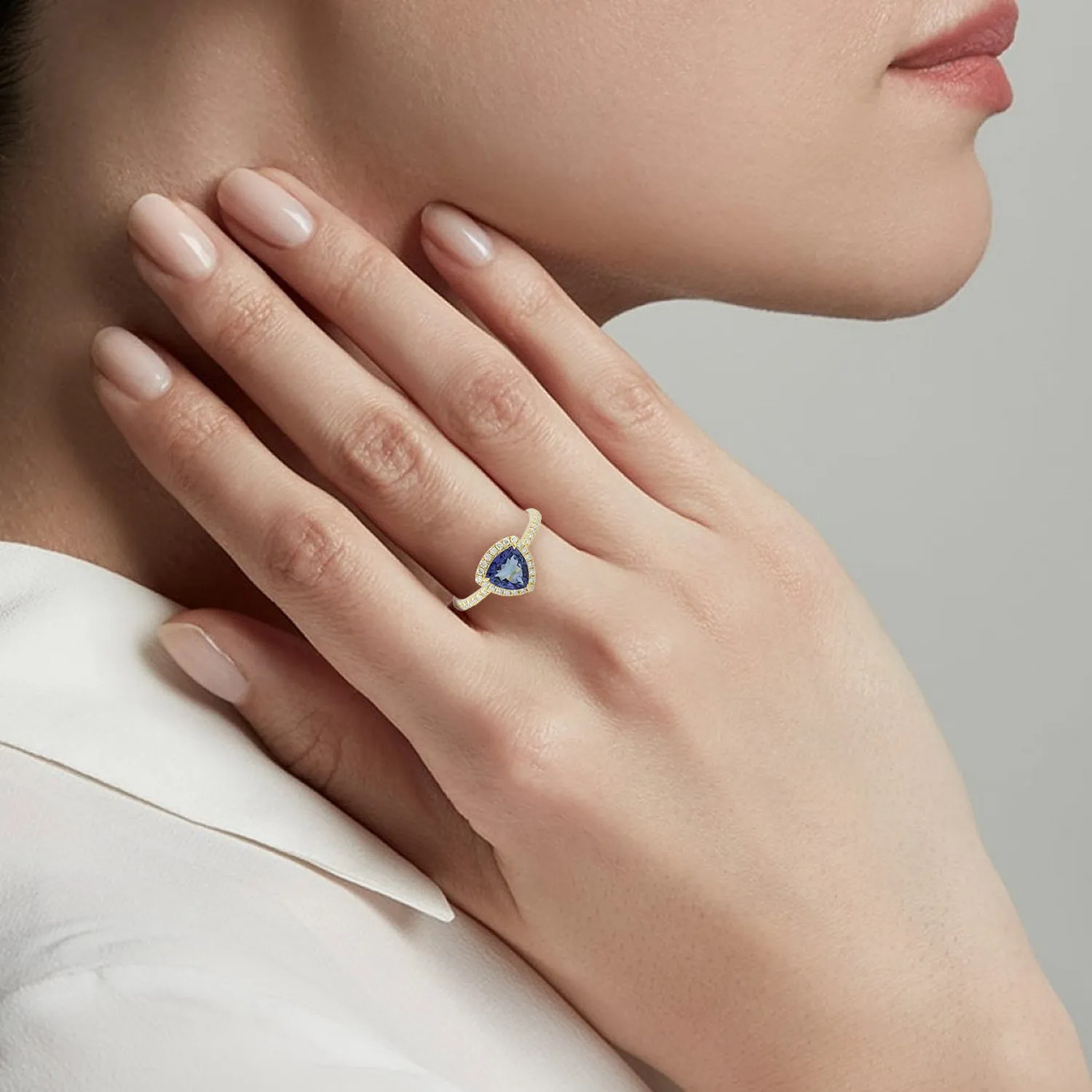 14k Solid Gold Trillion Tanzanite Pave Diamond Halo Designer Ring Women Jewelry