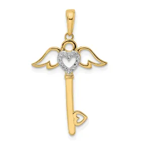 14k Yellow Gold Heart with Angel Wings Design Key Charm Pendant