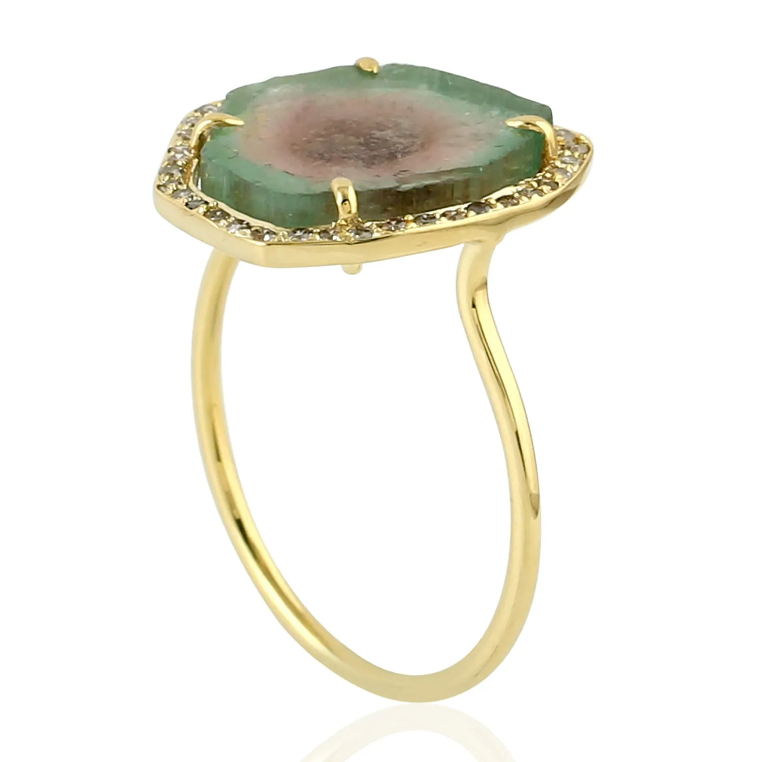 14k Yellow Gold Pave Diamond Watermelon Tourmaline Wedding Cocktail Ring