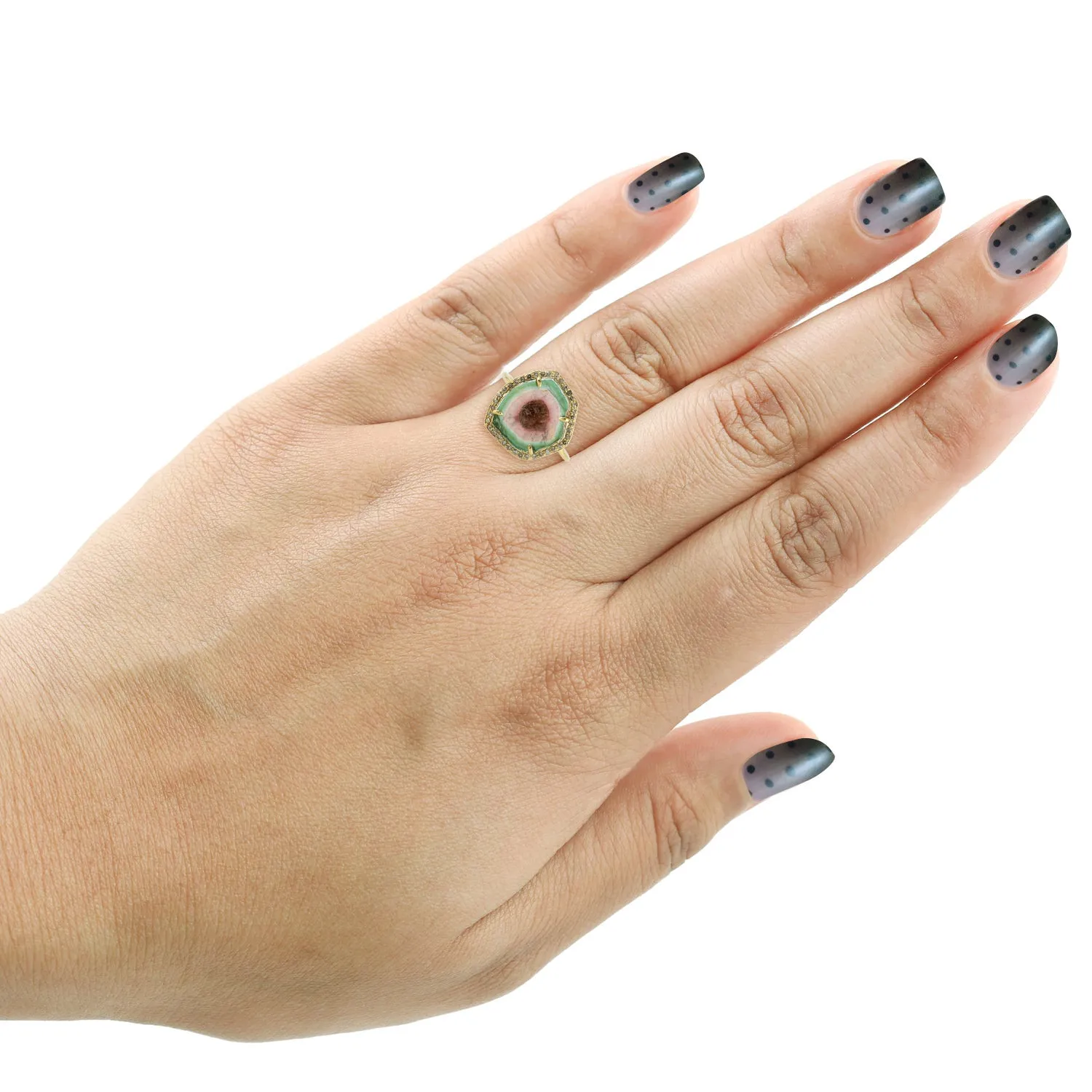 14k Yellow Gold Pave Diamond Watermelon Tourmaline Wedding Cocktail Ring