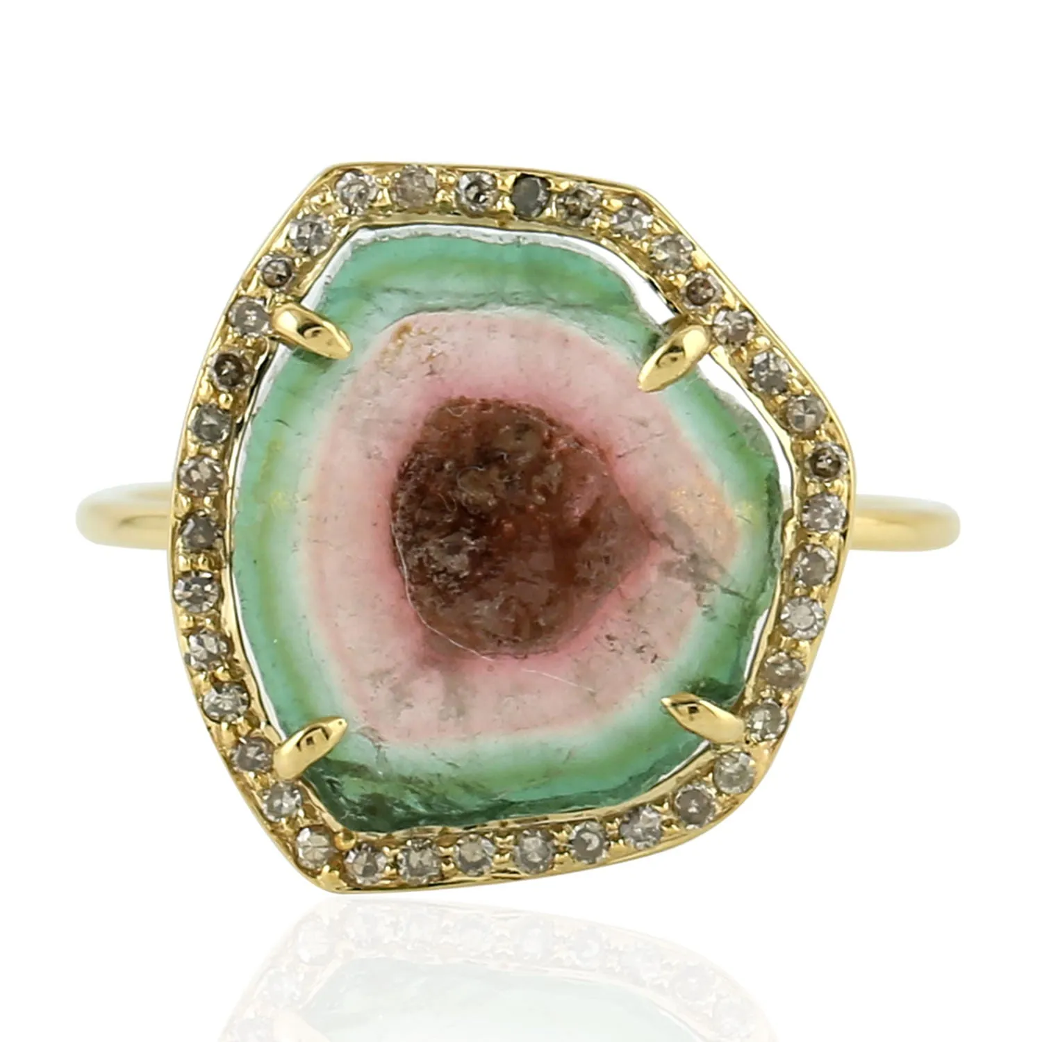 14k Yellow Gold Pave Diamond Watermelon Tourmaline Wedding Cocktail Ring