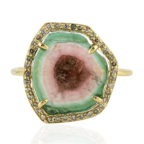14k Yellow Gold Pave Diamond Watermelon Tourmaline Wedding Cocktail Ring