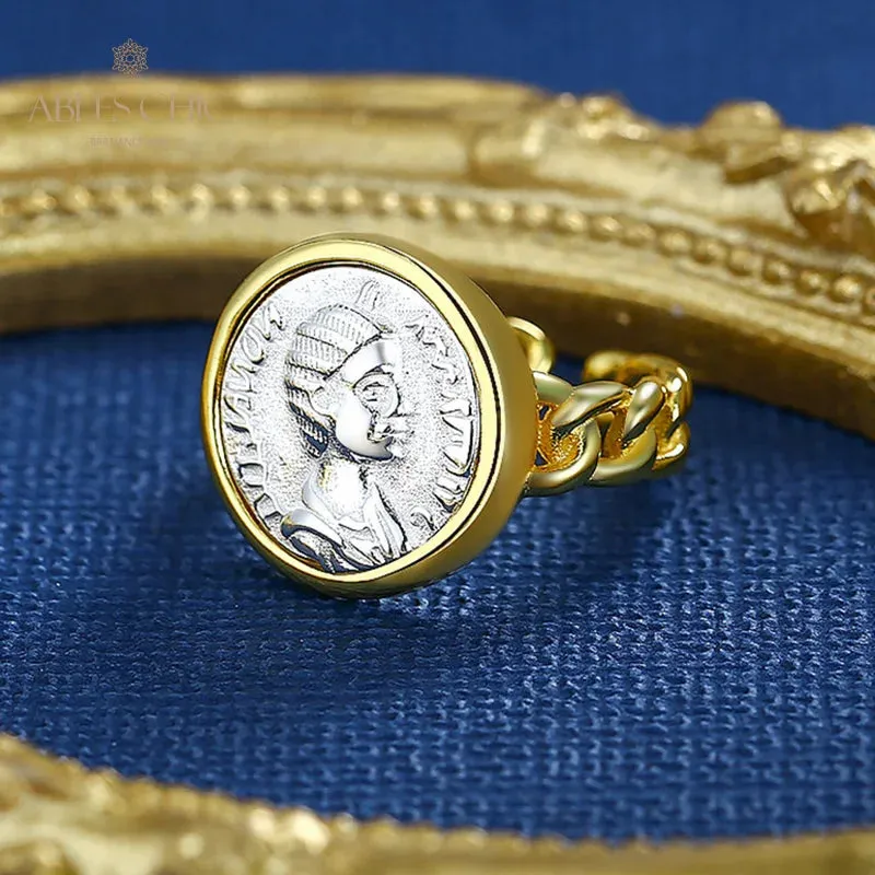 18K Gold Two-Tone Roman Coin Ring - 925 Silver Greek Deity