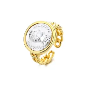18K Gold Two-Tone Roman Coin Ring - 925 Silver Greek Deity