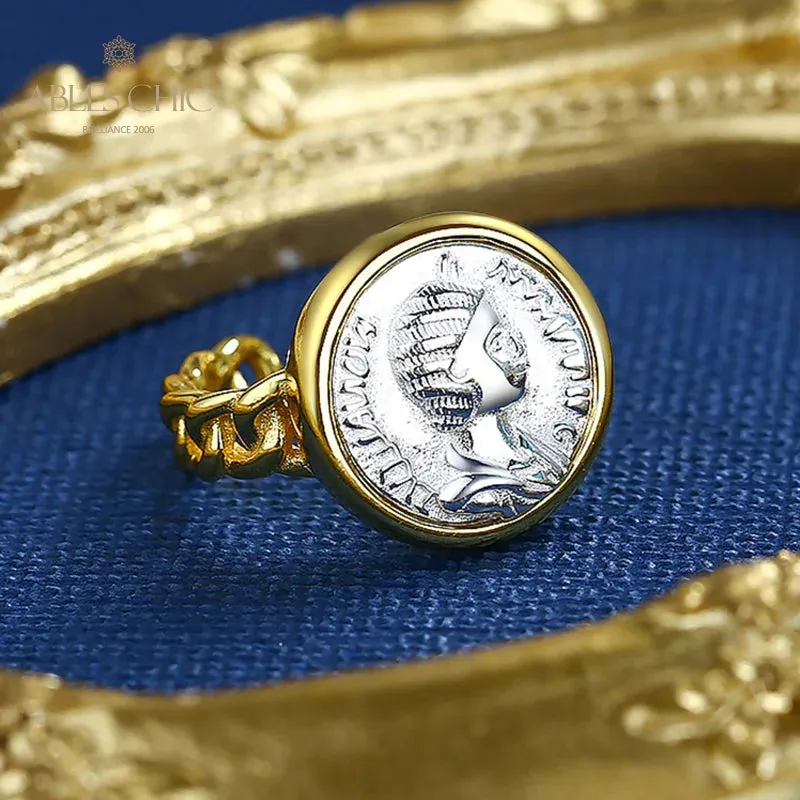 18K Gold Two-Tone Roman Coin Ring - 925 Silver Greek Deity