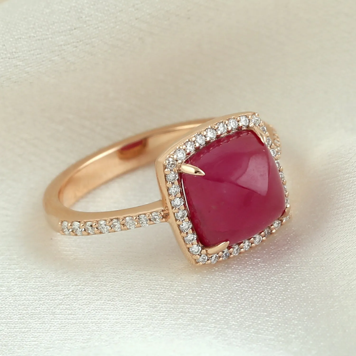 18k Rose Gold Spike Ruby Pave Diamond Party Wear Ring For Women