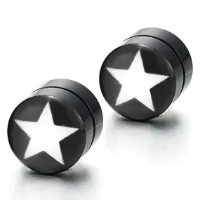 2pcs 8mm Magnetic Black Circle Star Stud Earrings for Men Women, Non-piercing Clip on Fake Ear Plugs