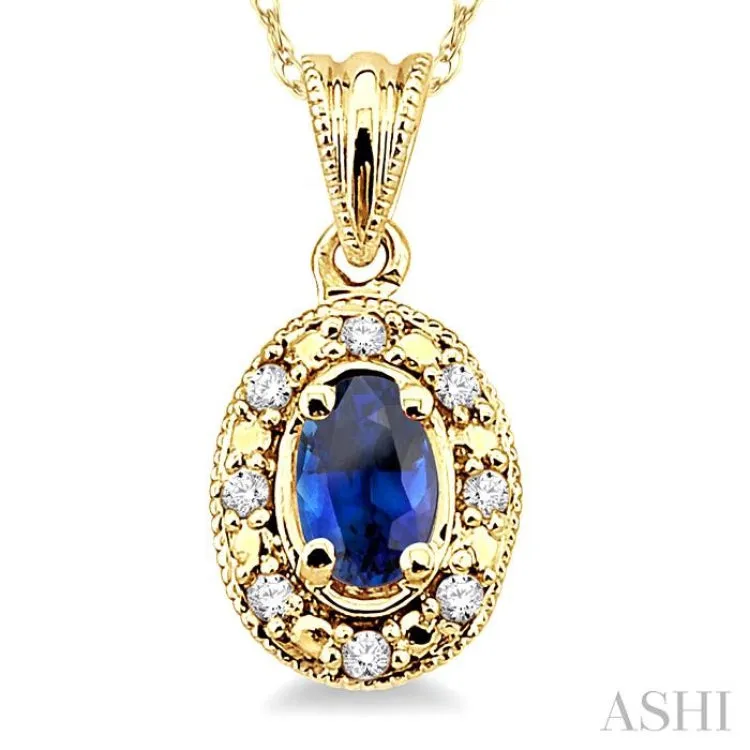 5x3mm Oval Shape Sapphire and 1/20 Ctw Single Cut Diamond Pendant in 10K Yellow Gold with Chain