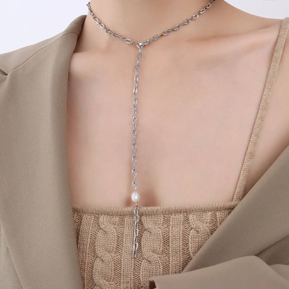 Adjustable Thick Y Necklace Bracelet Set With Pearl Charm