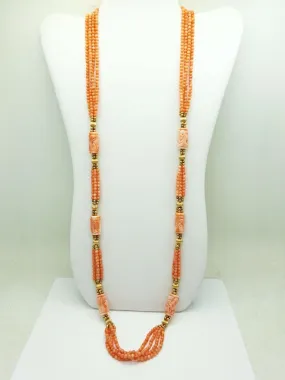 Angel Skin Multi-Strand Bead & Carved Tube Coral Bead Necklace 14k Gold 36"