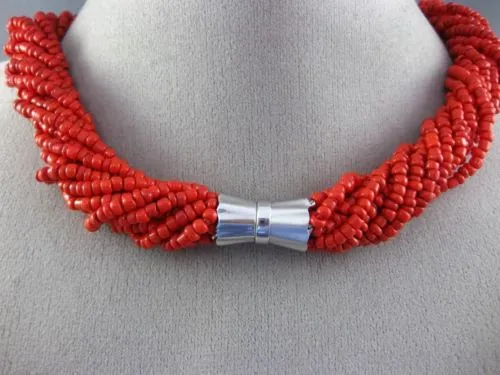ANTIQUE AAA CORAL STAINLESS STEEL 3D MULTI STRANDED BEADED BOW NECKLACE #25871