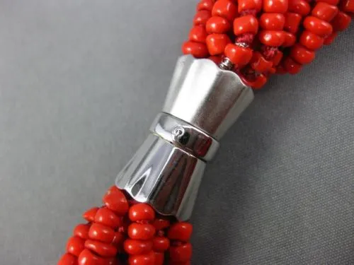 ANTIQUE AAA CORAL STAINLESS STEEL 3D MULTI STRANDED BEADED BOW NECKLACE #25871