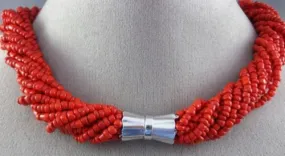 ANTIQUE AAA CORAL STAINLESS STEEL 3D MULTI STRANDED BEADED BOW NECKLACE #25871