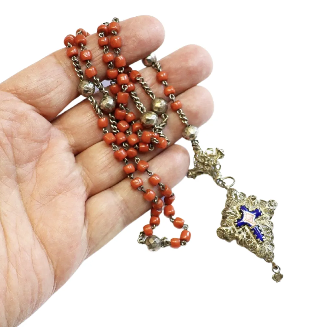 Antique Bavarian Coral & Sterling Silver Catholic Chain Rosary with Ceramic Enameled Crucifix