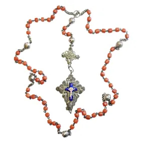 Antique Bavarian Coral & Sterling Silver Catholic Chain Rosary with Ceramic Enameled Crucifix