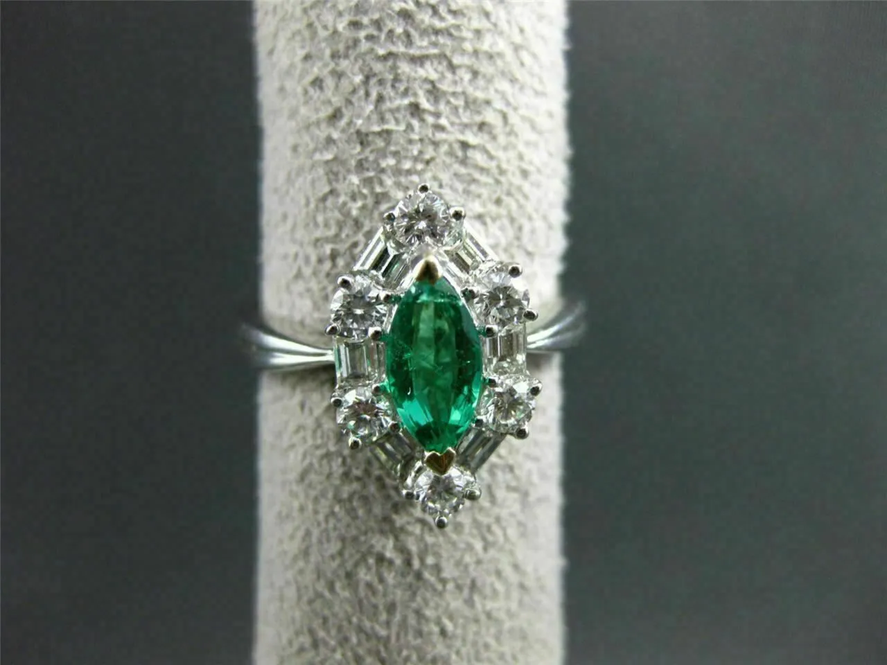 ANTIQUE LARGE 1.4CT DIAMOND & AAA COLOMBIAN 18K WHITE GOLD MARQUISE CLUSTER RING