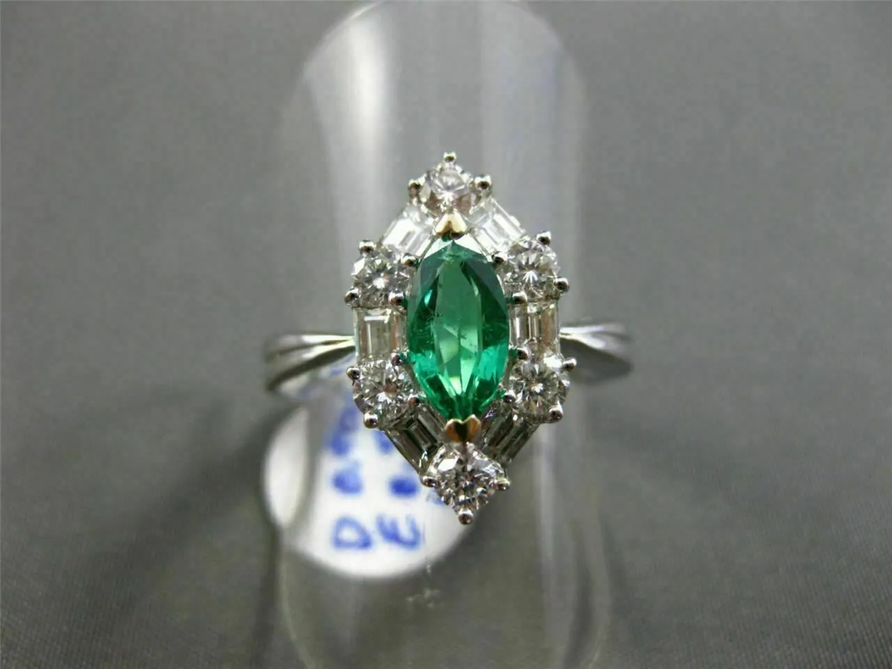 ANTIQUE LARGE 1.4CT DIAMOND & AAA COLOMBIAN 18K WHITE GOLD MARQUISE CLUSTER RING