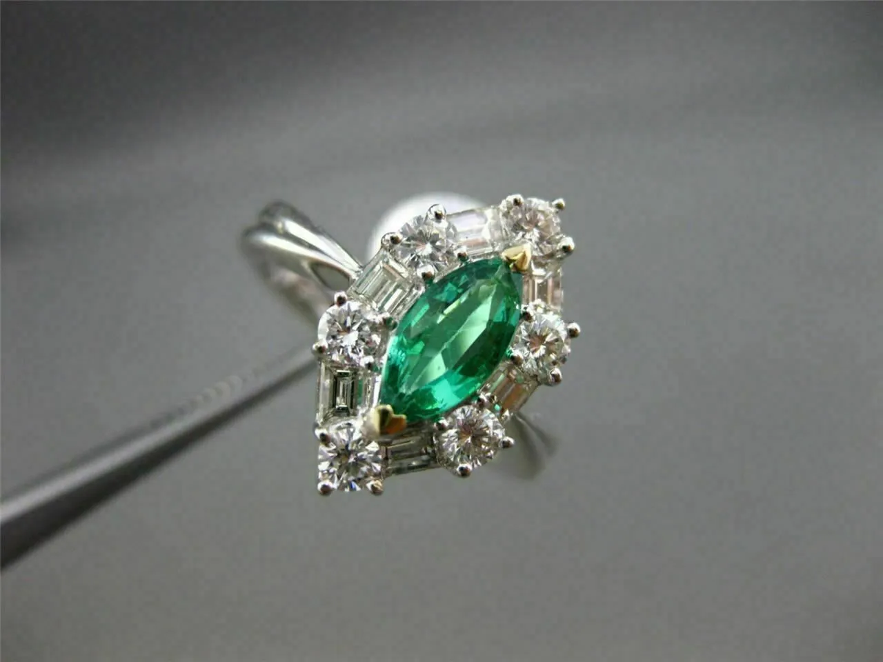 ANTIQUE LARGE 1.4CT DIAMOND & AAA COLOMBIAN 18K WHITE GOLD MARQUISE CLUSTER RING