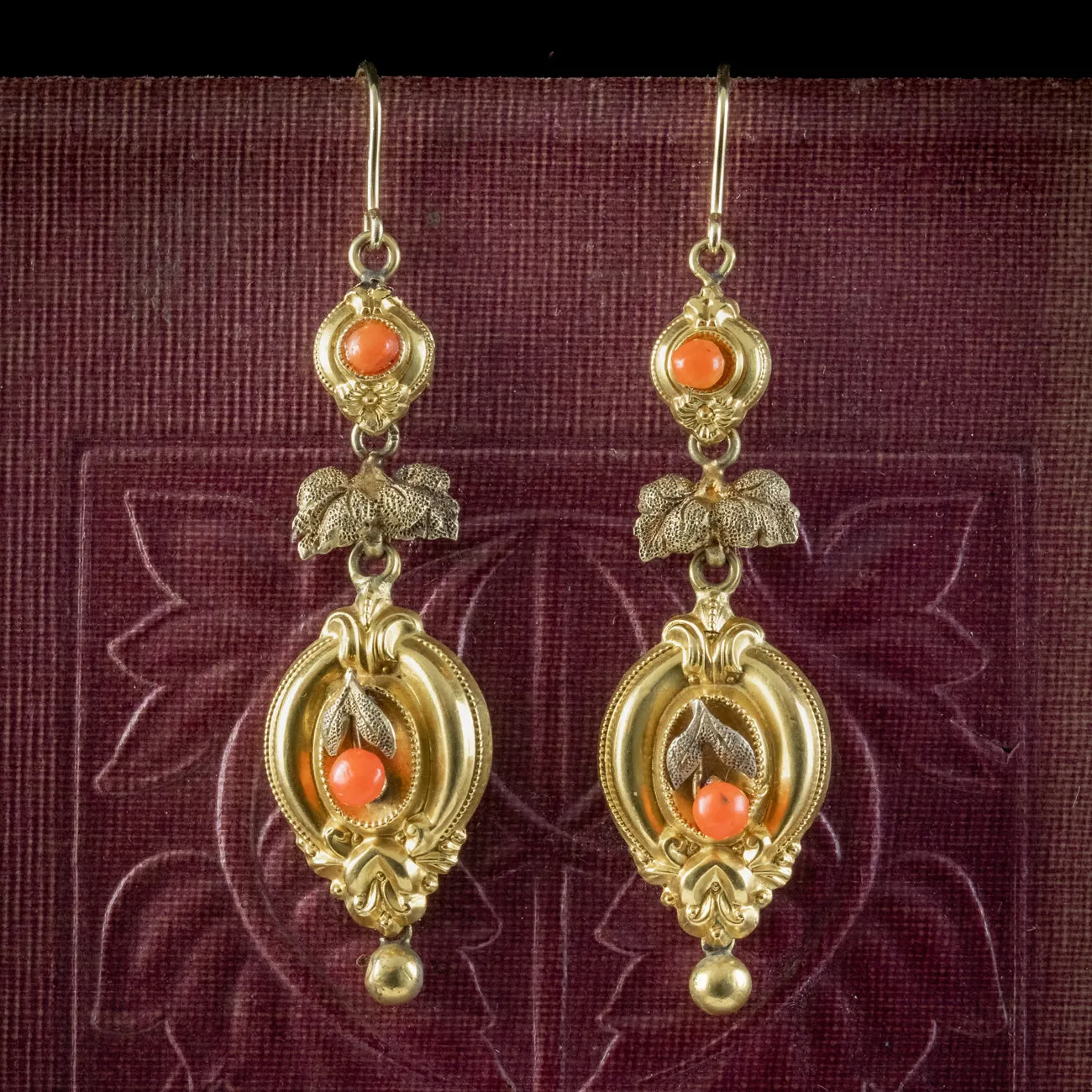 Antique Victorian Etruscan Coral Drop Earrings 18ct Gold Circa 1860