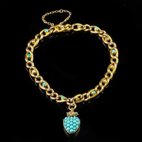 Antique Victorian Turquoise Pearl Heart Locket Bracelet 15Ct Gold Circa 1900