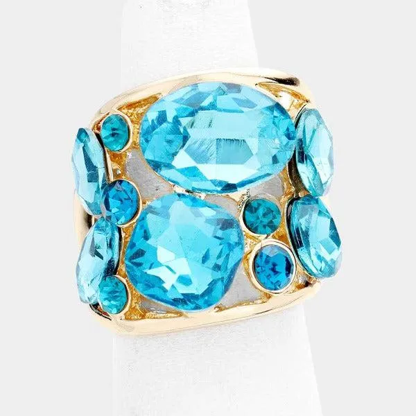 Aqua Blue Oval Crystal Stretch Ring