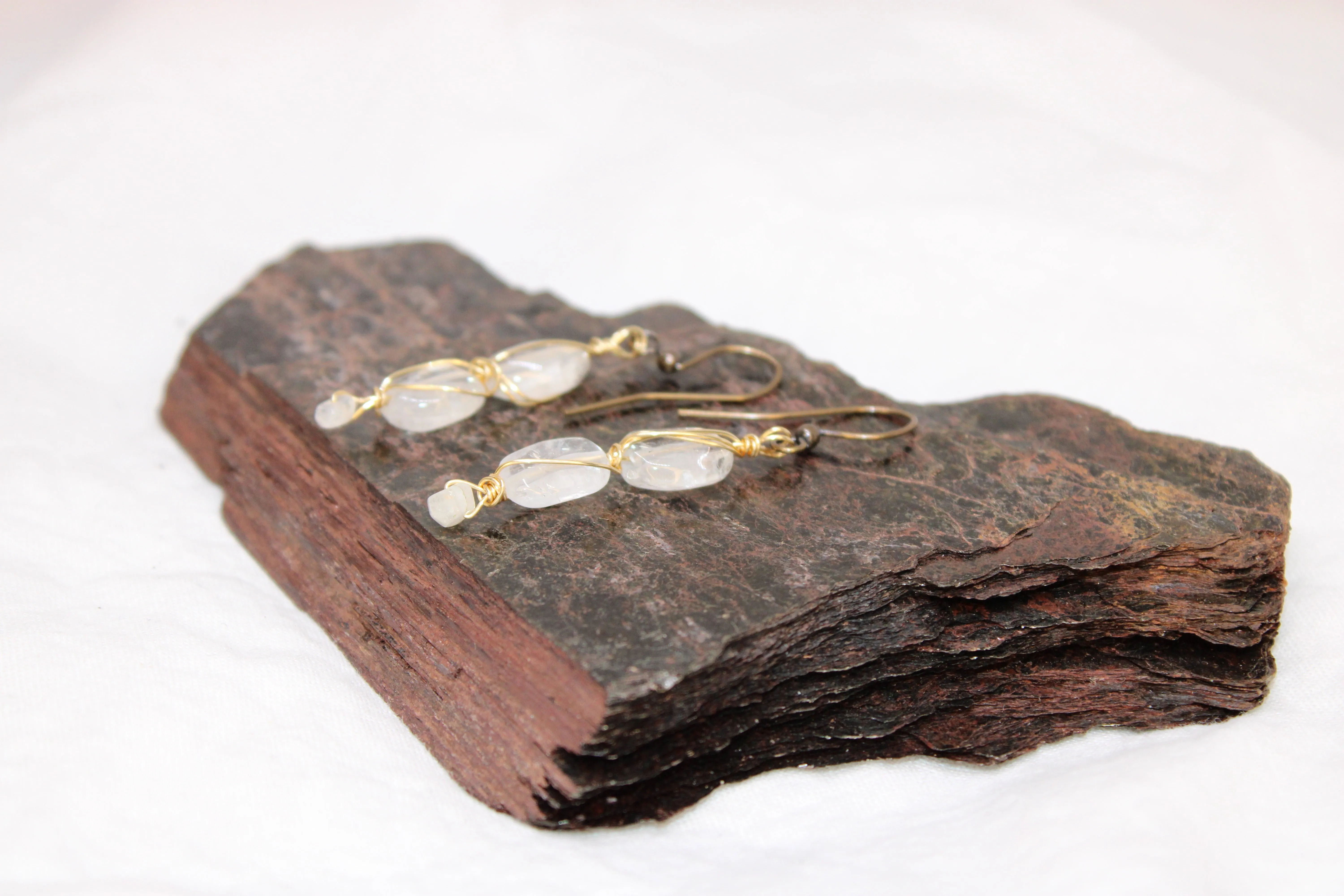 Aquamarine and Rainbow Moonstone Brass Earrings