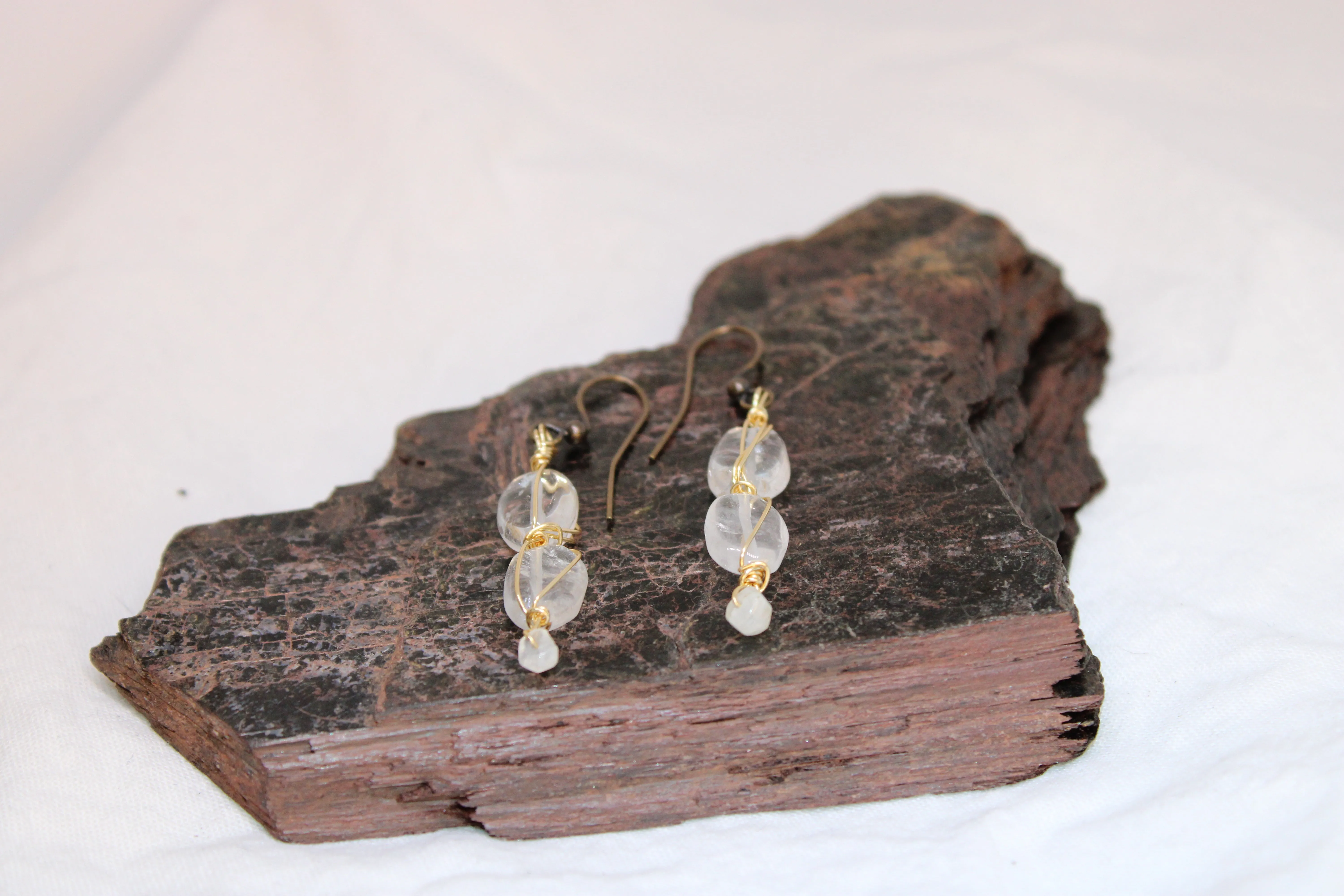 Aquamarine and Rainbow Moonstone Brass Earrings