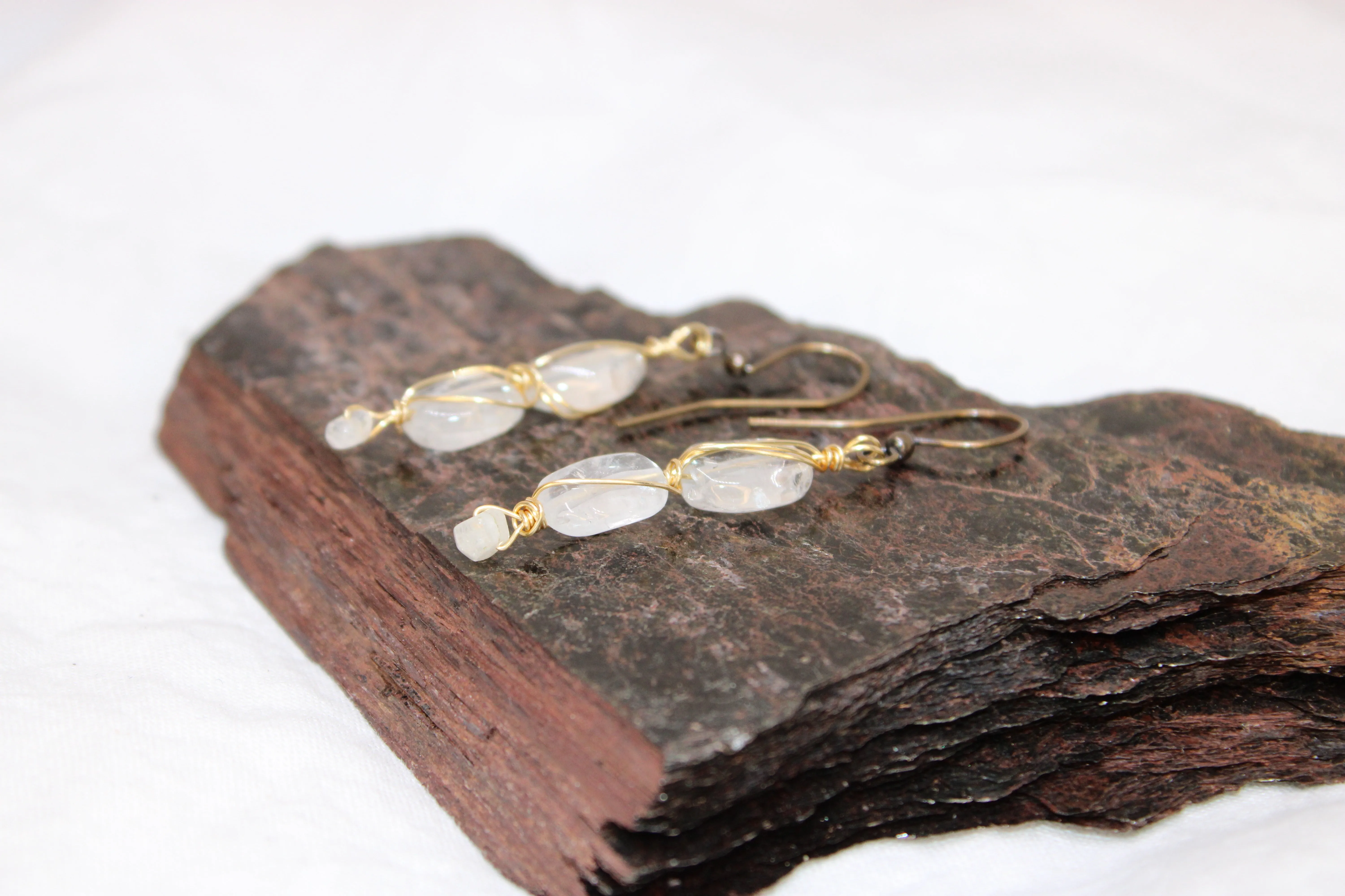 Aquamarine and Rainbow Moonstone Brass Earrings