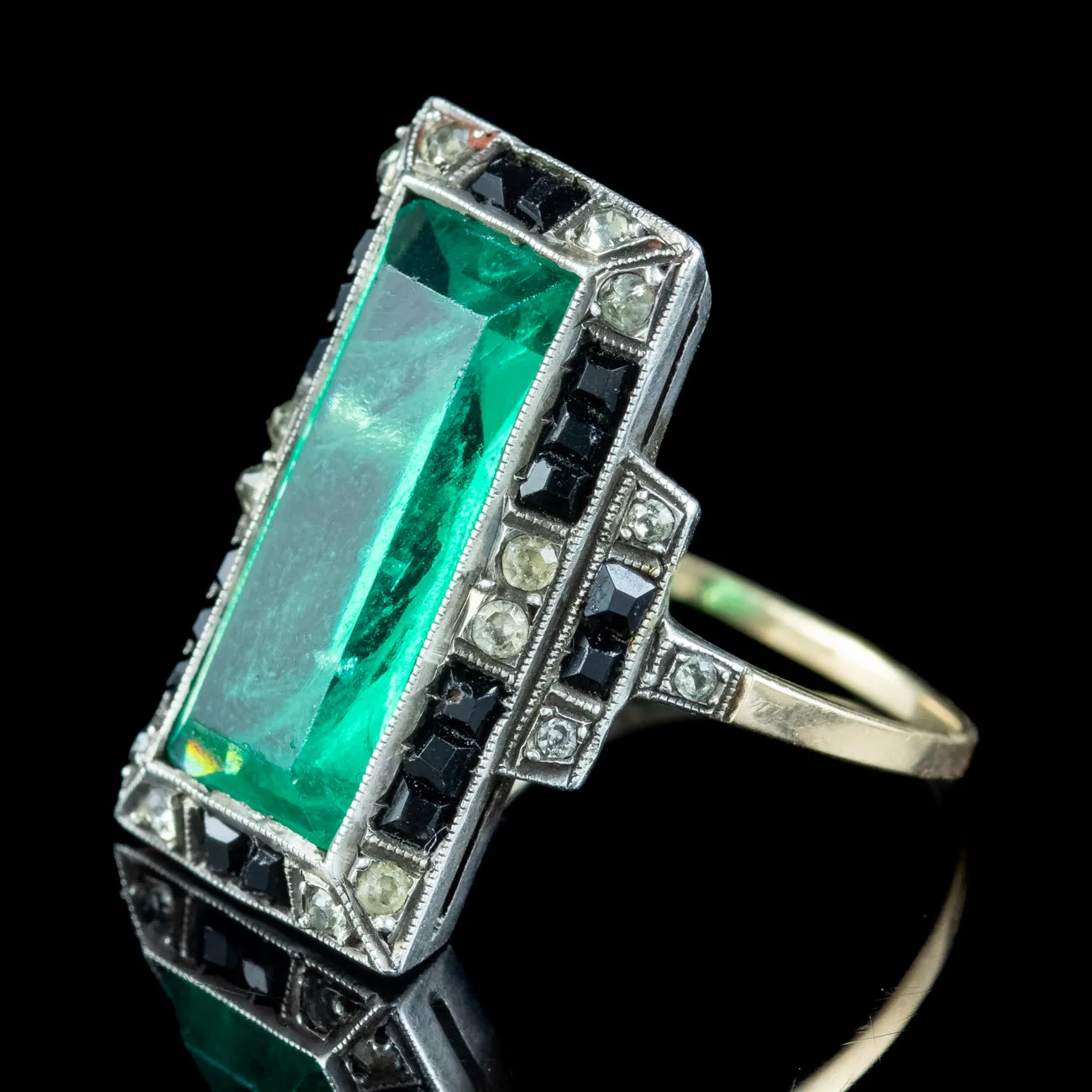 Art Deco Green Black Paste Cocktail Ring