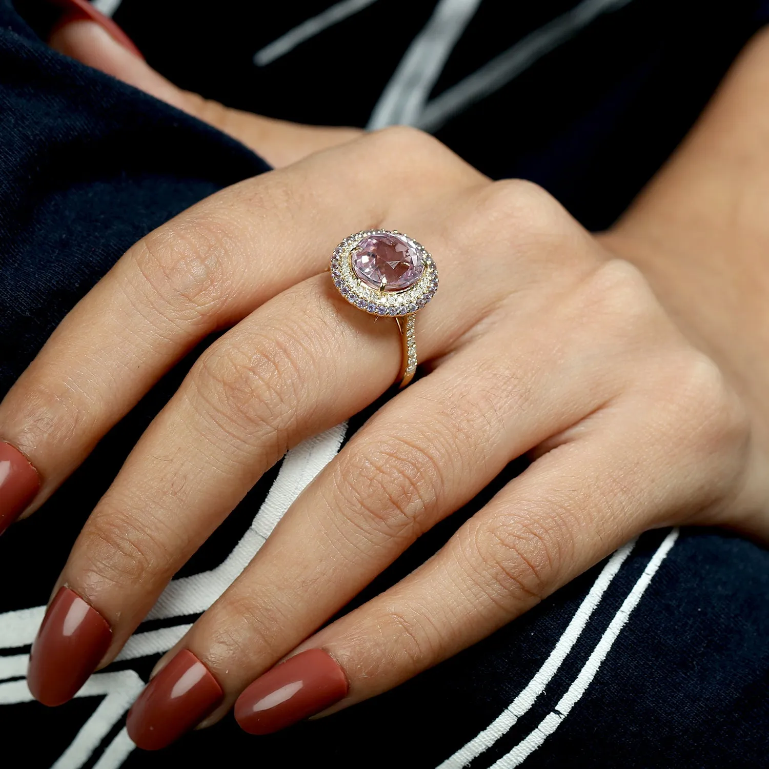 Beautiful Kunzite Tanzanite Diamond Round Halo Ring In 18k Yellow Gold Ring Jewelry