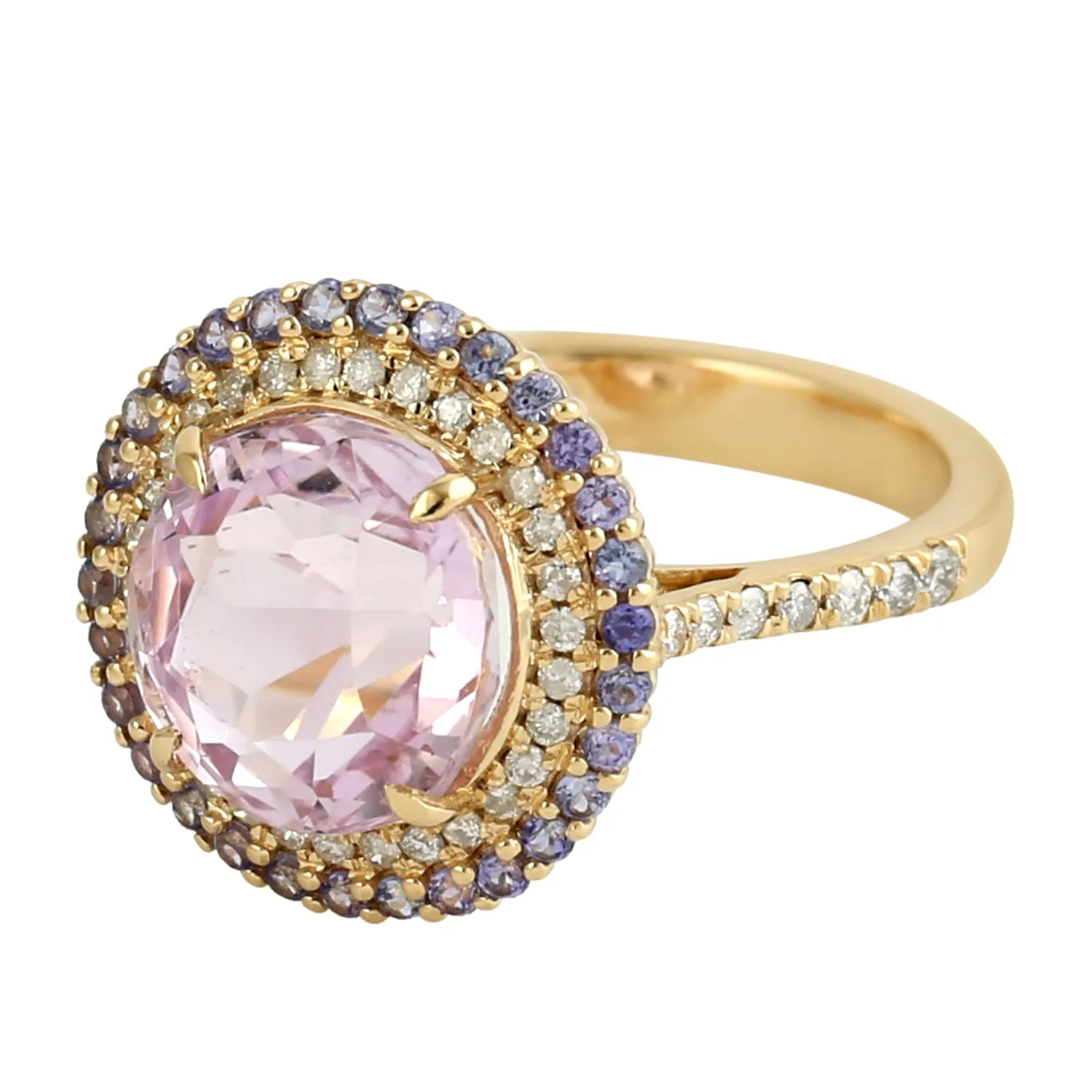Beautiful Kunzite Tanzanite Diamond Round Halo Ring In 18k Yellow Gold Ring Jewelry