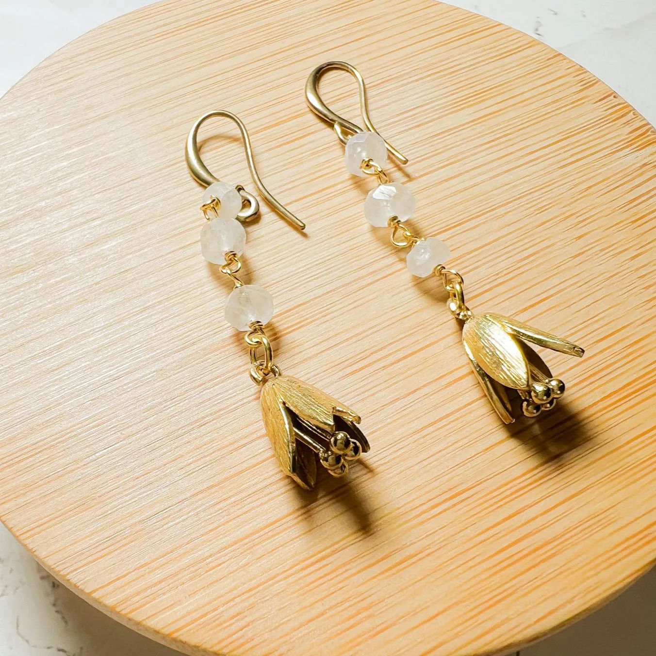 Belle: Flower Earrings on Labradorite or Moonstone Chain