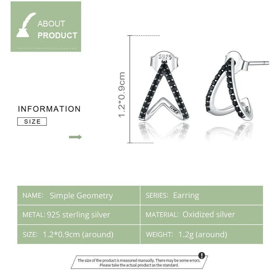 Black Geometry 925 Sterling Silver Stud Earrings Charm Jewelry ECJBOS55