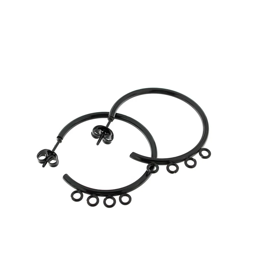 Black Stainless Steel Earrings - Hoop Bases With Loops - 32mm x 33.5mm x 2mm - 2 Pieces 1 Pair - FD274