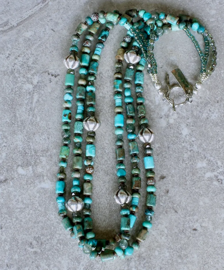 Blended Turquoise 3-Strand Necklace with Rutilated Quartz, Czech Glass, Hill Tribe Silver Ridged Bicones, and a Sterling Silver Toggle Clasp