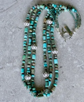 Blended Turquoise 3-Strand Necklace with Rutilated Quartz, Czech Glass, Hill Tribe Silver Ridged Bicones, and a Sterling Silver Toggle Clasp