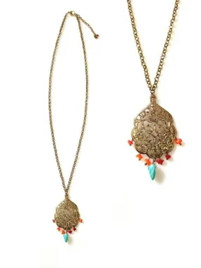 Bling Accessories Antique Brass Finish Metal Long Necklace with Coral & Turquoise Natural Stone