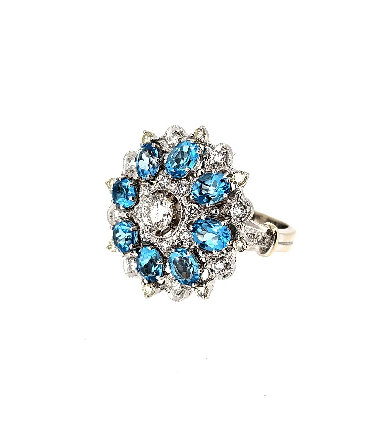 Blue Topaz Diamond Cocktail Ring in 18K White Gold