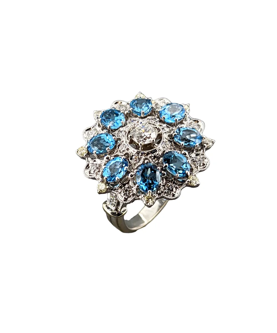 Blue Topaz Diamond Cocktail Ring in 18K White Gold