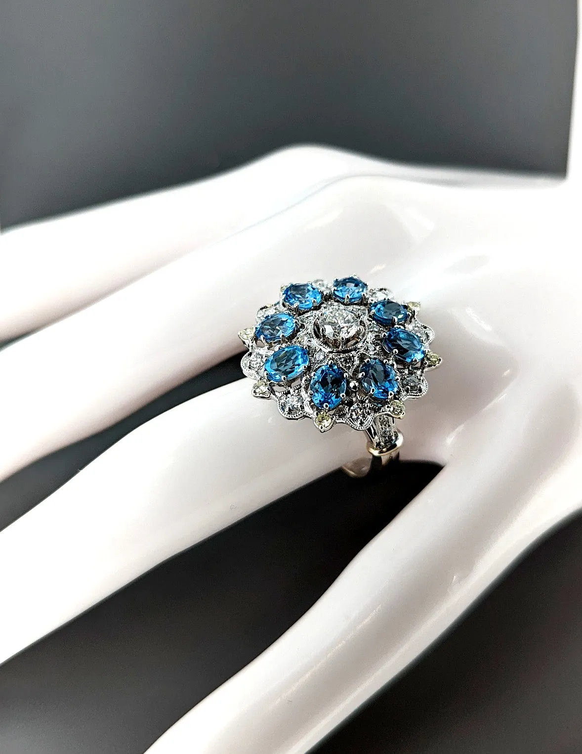 Blue Topaz Diamond Cocktail Ring in 18K White Gold
