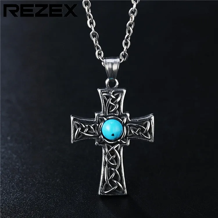 Blue Turquoise Celtic Cross Titanium Steel Pendant for Men