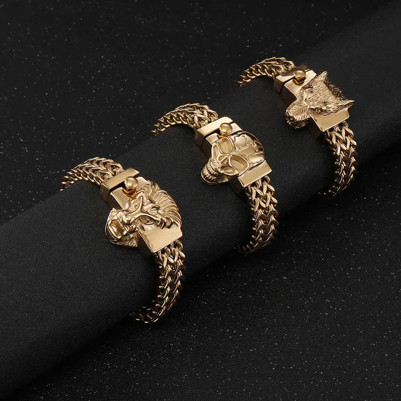 Bold Skull Lion Head Men's Titanium Steel Bracelet