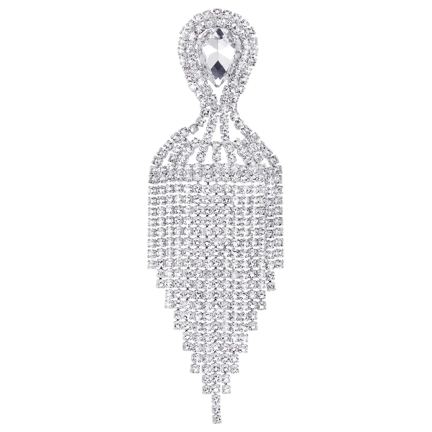 Bridal Banquet Teardrop Crystal Rhinestone Cluster Chandelier Waterfall Tassel Large Dangle Earrings