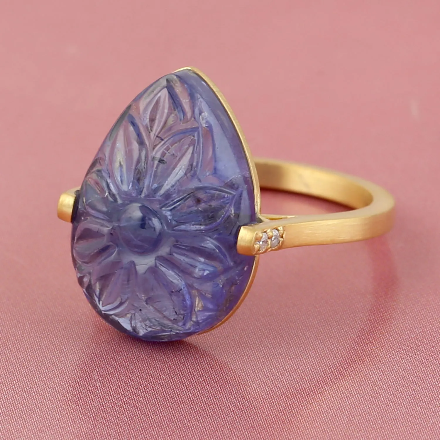 Carved Tanzanite Flower & Pave Diamond Pear Shaped Cocktail Ring In 18k Yellow Gold