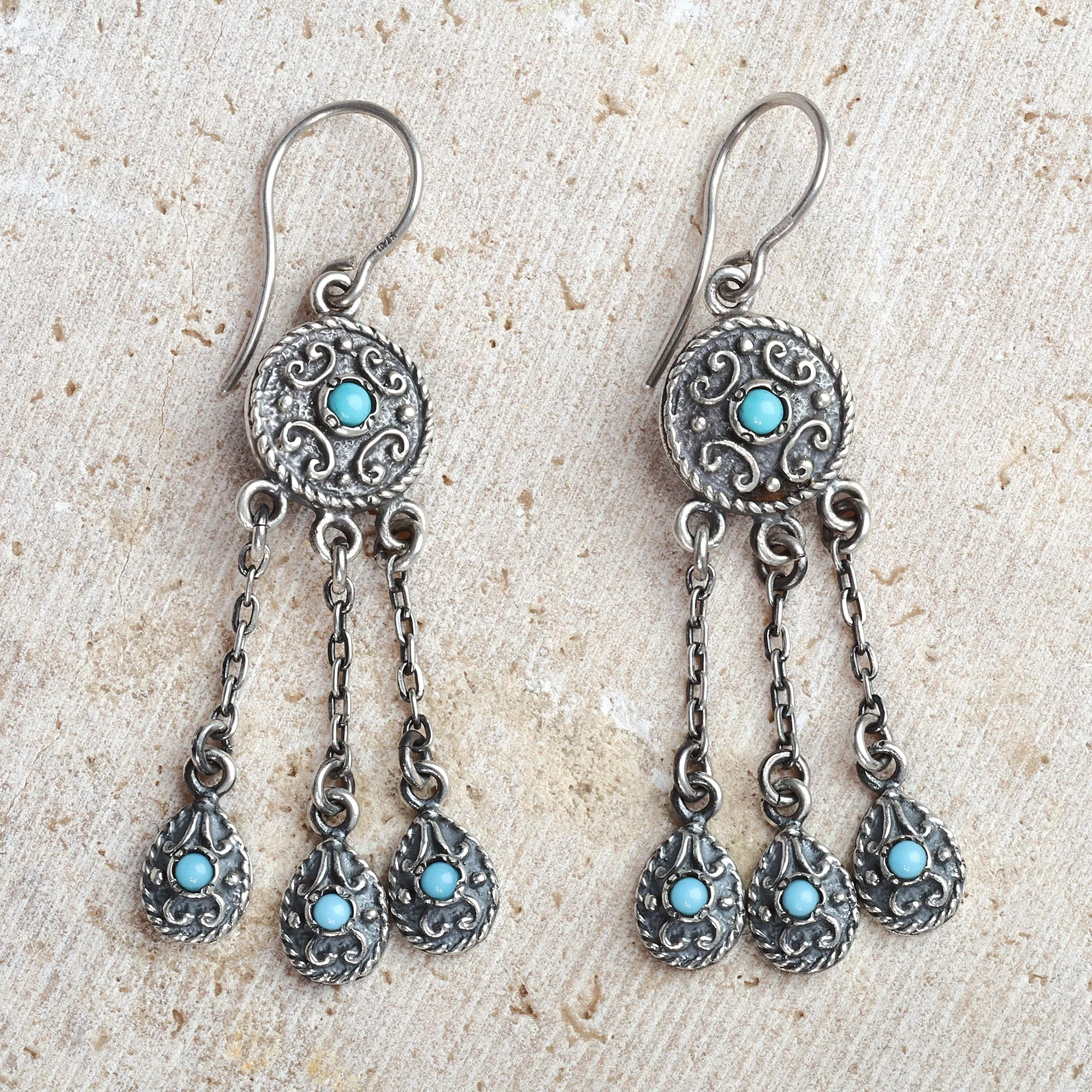 Classic Reconstituted Turquoise Chandelier Earrings - Palatial Serenade | NOVICA