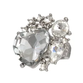 Clear Heart Cocktail Ring Silver Tone