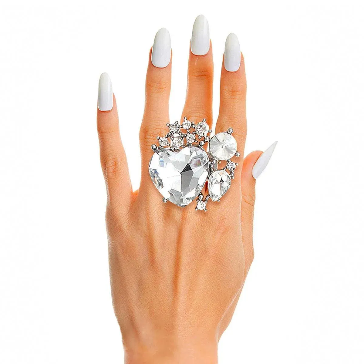 Clear Heart Cocktail Ring Silver Tone
